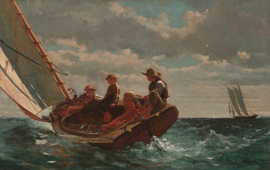 A man and three boys sail a small boat over choppy water under a windswept sky.