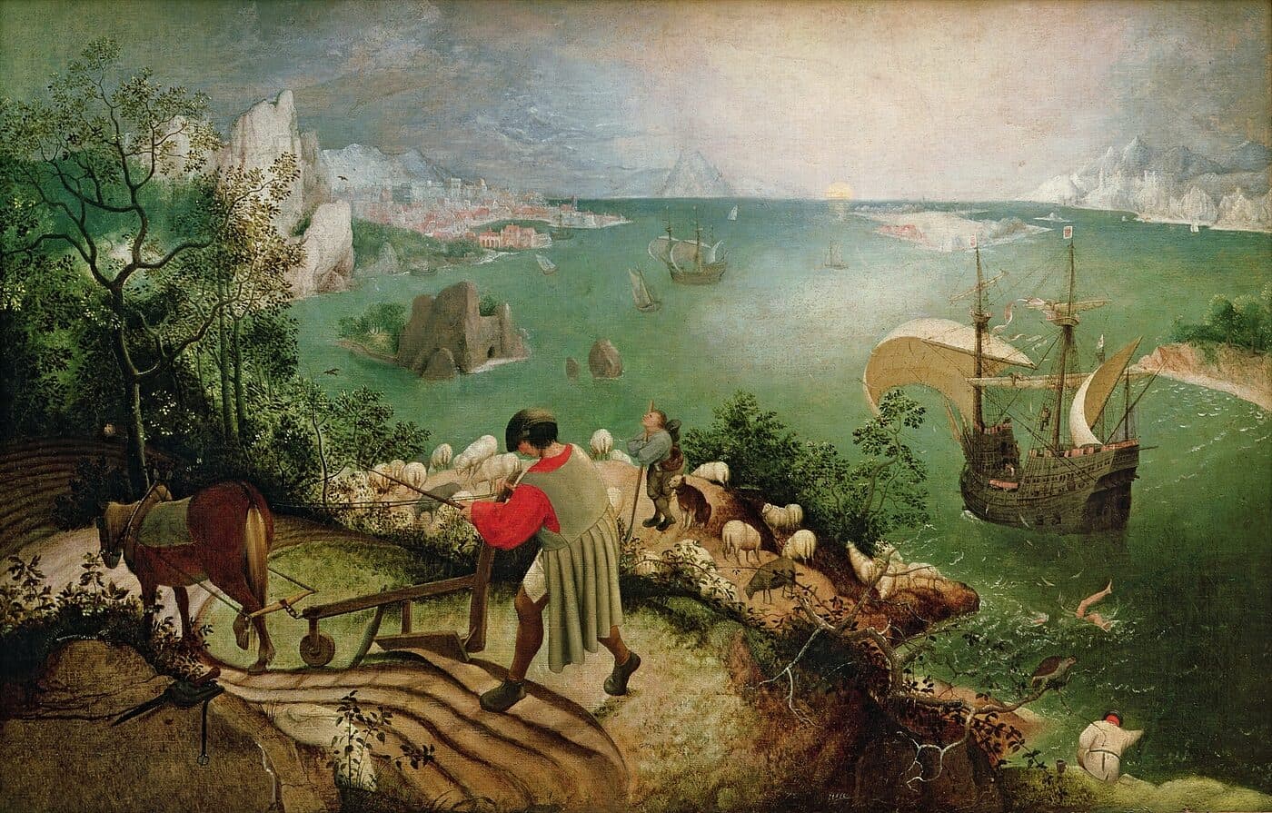 A ploughman works a hillside above a bay while, unnoticed in the corner, a pair of legs disappears into the sea.