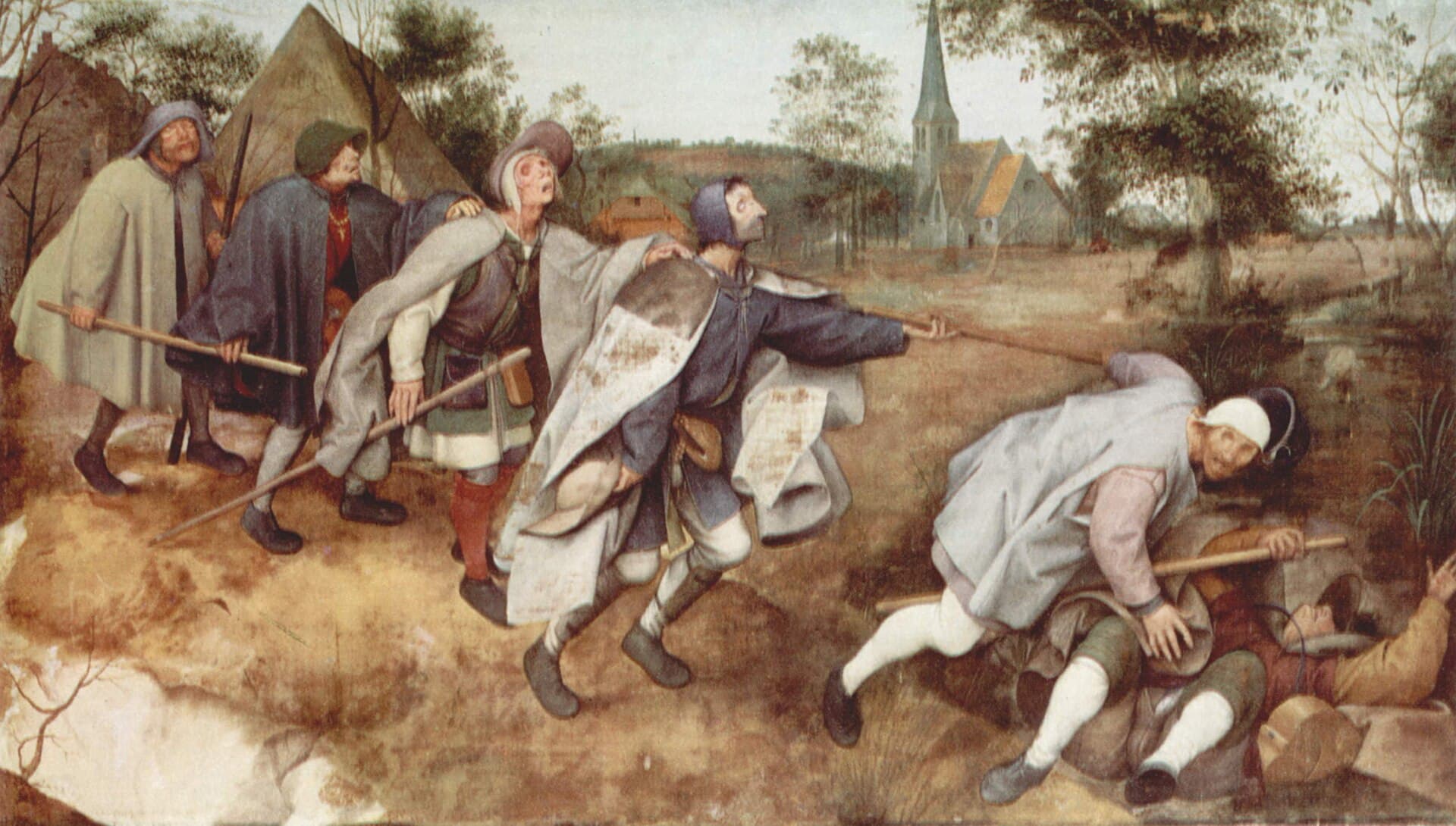 Six blind men roped together in a line, stumbling across a slope; the leader has already pitched into a ditch and the next is toppling after him.