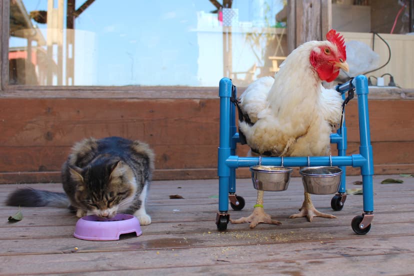 A chicken with a blue wheeling cart for rehabilitation alongside a cat eating cat food, at a sanctuary that serves both