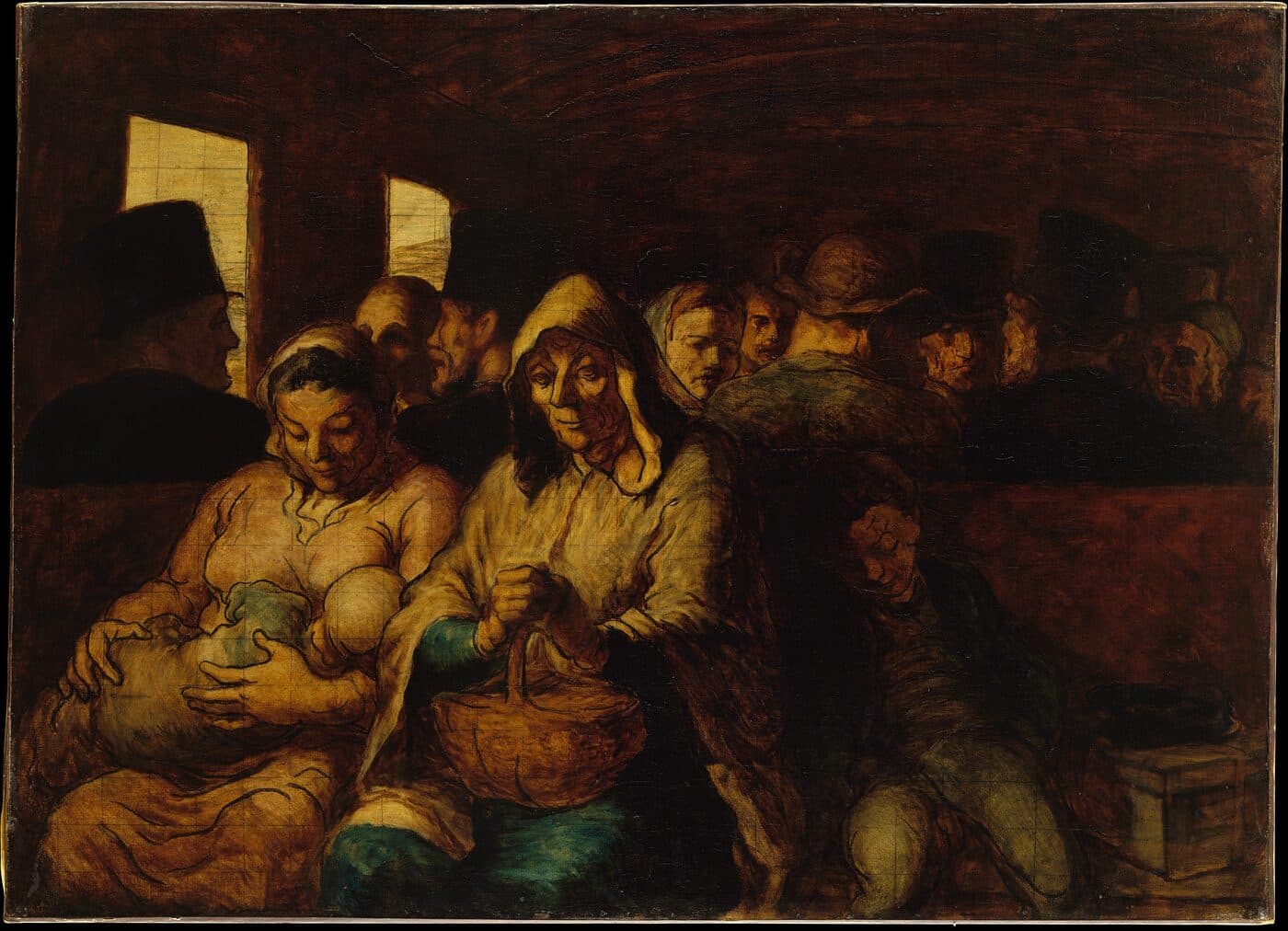 Strangers of every age pressed together on the wooden benches of a third-class railway carriage; a nursing mother and an old woman in front.