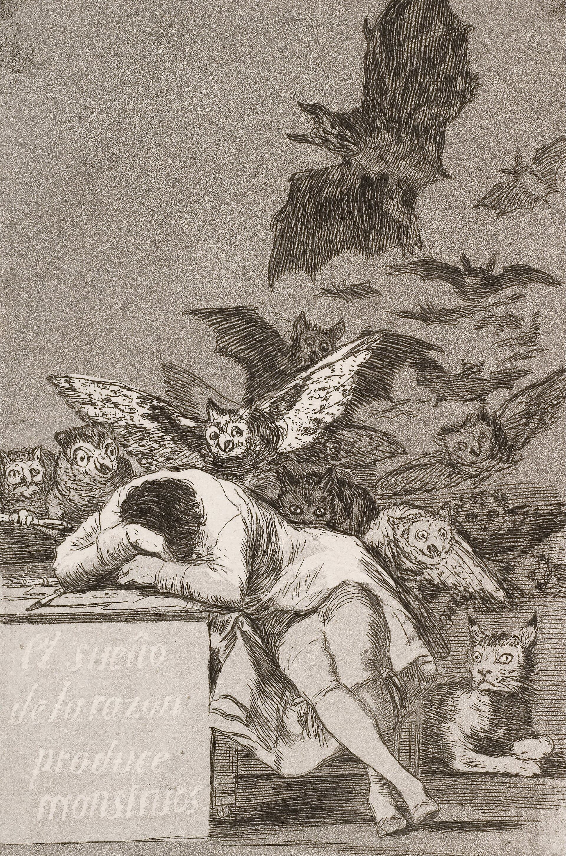 A man slumped asleep across his writing desk while owls, bats, and a watchful lynx crowd out of the darkness behind him.