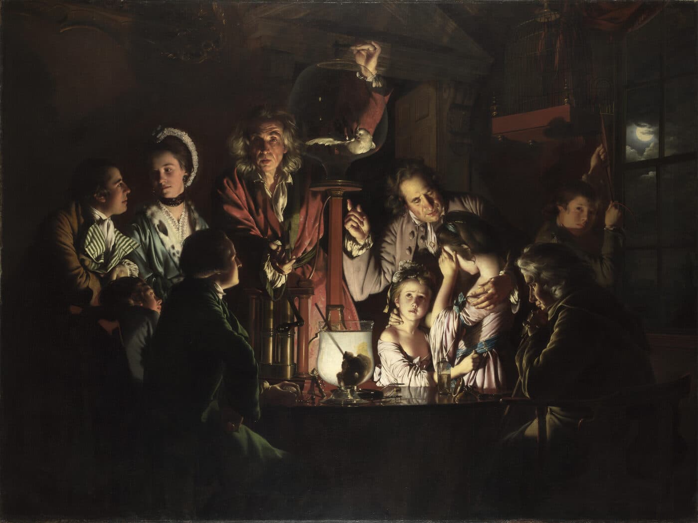 By candlelight a natural philosopher withdraws air from a glass globe containing a white bird, as a family watches; a girl looks away.