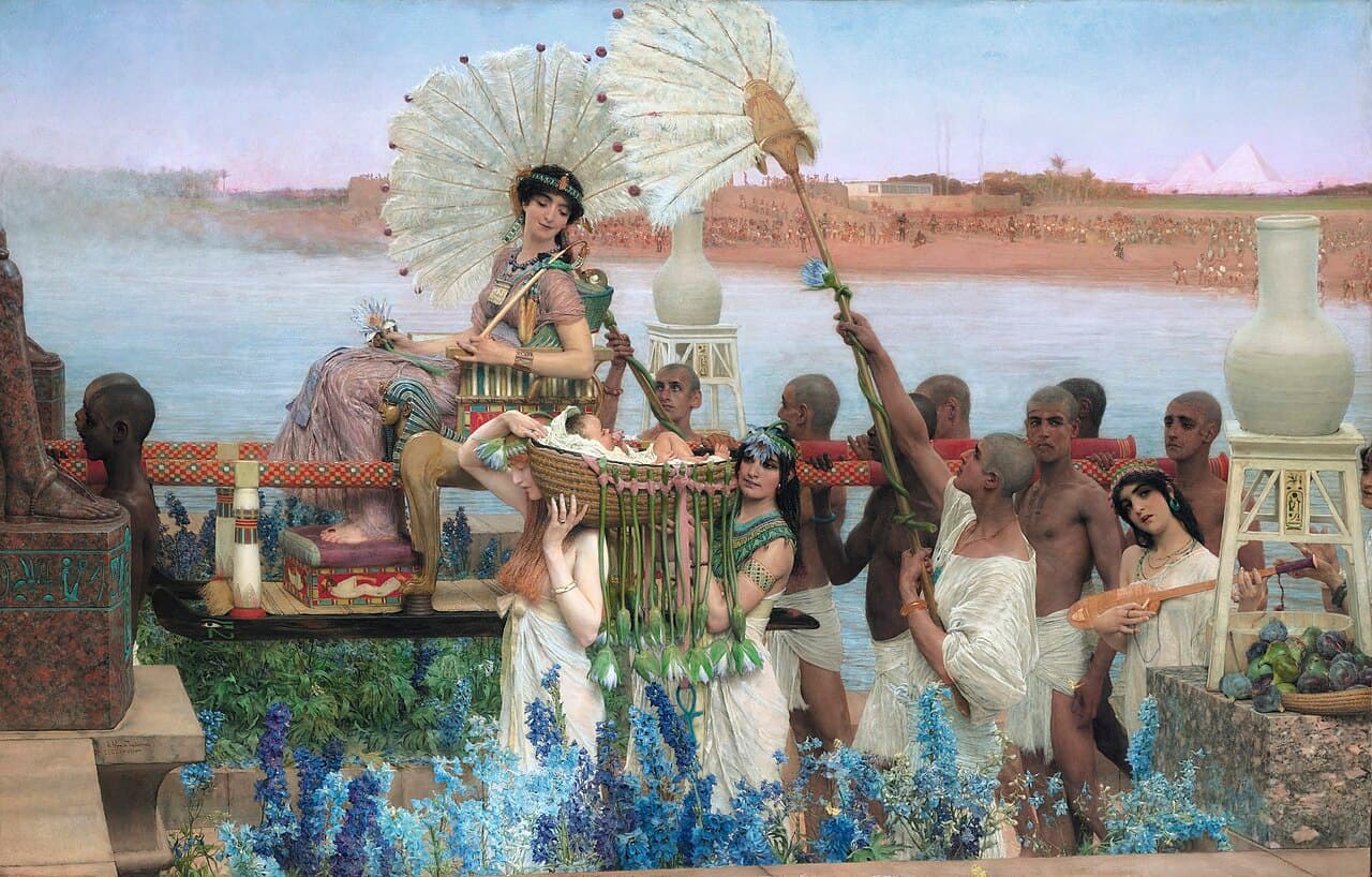 Lawrence Alma-Tadema's painting The Finding of Moses: an infant carried in a decorated basket in a procession beside the Nile.