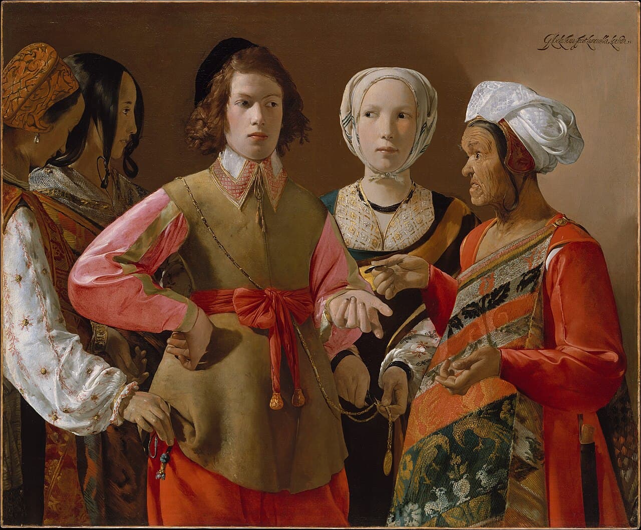 Georges de La Tour's painting The Fortune-Teller: a young man being quietly robbed while his fortune is told.