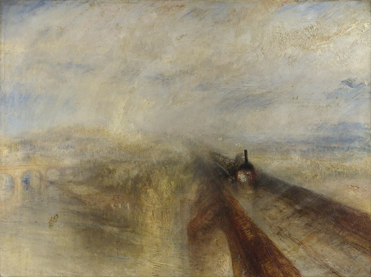 Turner's painting Rain, Steam and Speed: a locomotive crossing a bridge through rain and mist.