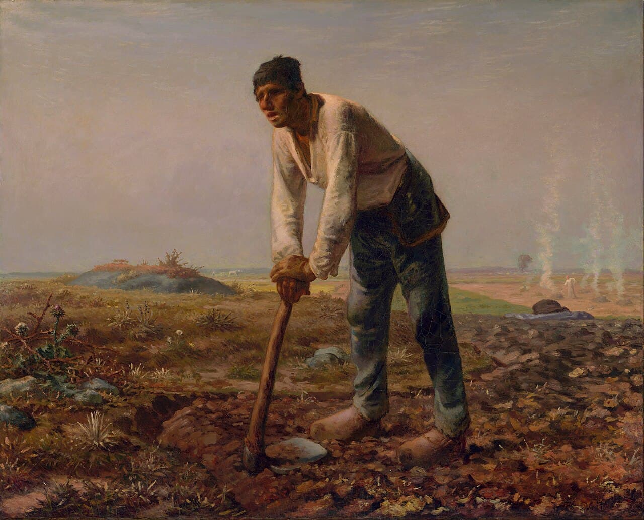 Jean-François Millet's painting Man with a Hoe: an exhausted laborer leaning on his hoe in a stony field.