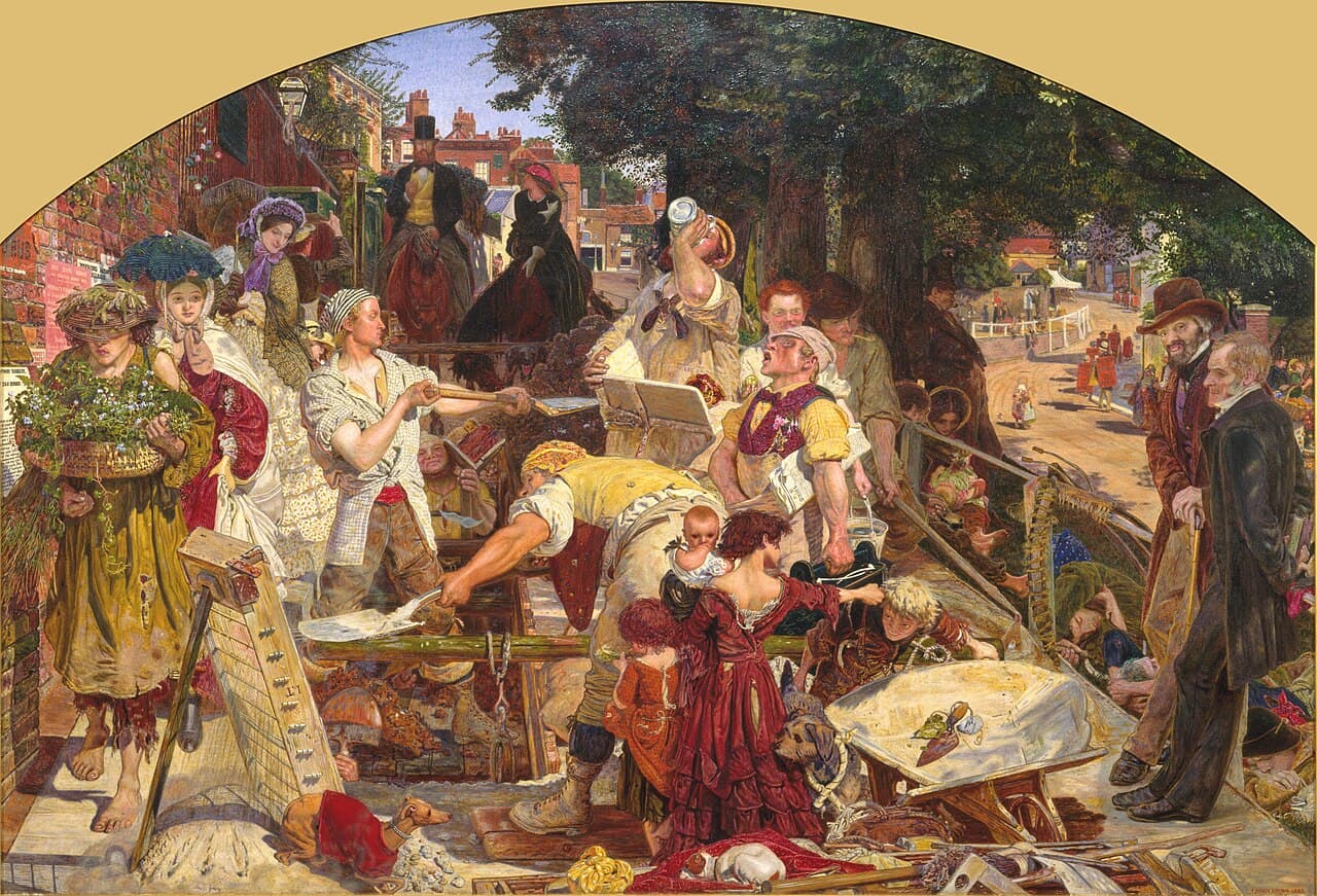 Ford Madox Brown's painting Work: a crowded Victorian street centered on labourers digging.
