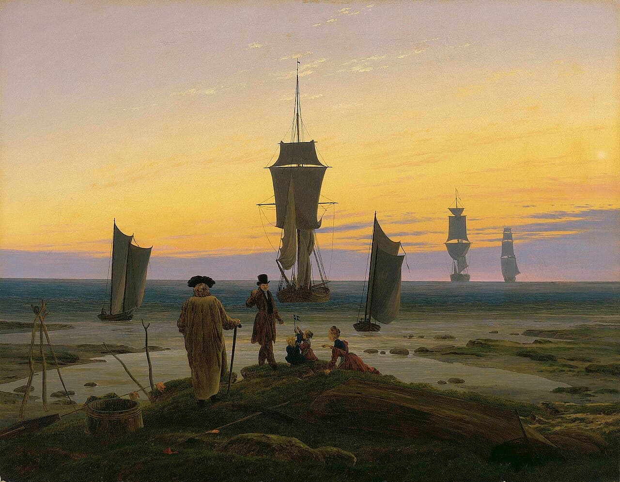 Caspar David Friedrich's painting The Stages of Life: figures of different ages on a shore with ships at varying distances.