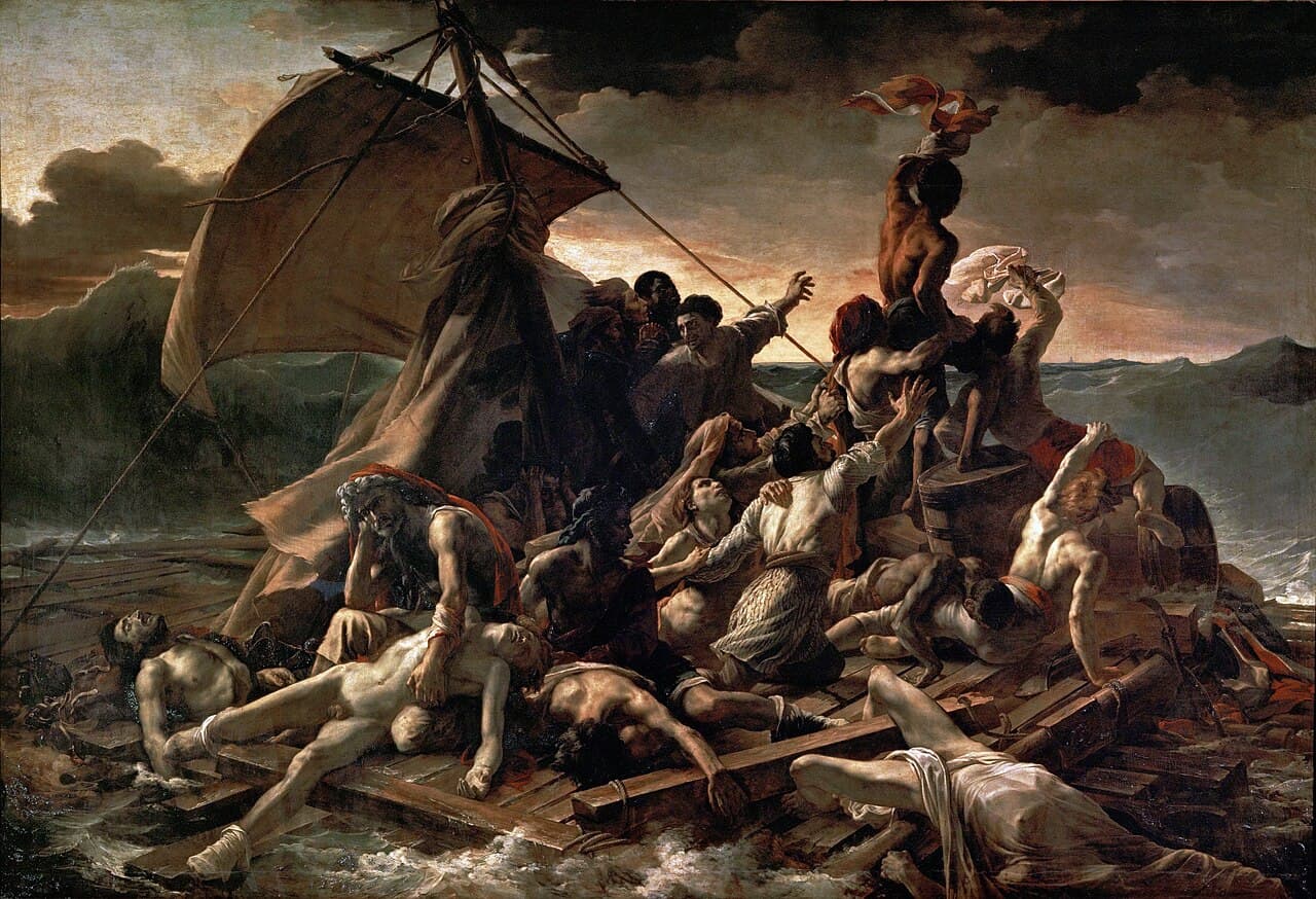 Géricault's painting The Raft of the Medusa: shipwreck survivors crowded on a makeshift raft.