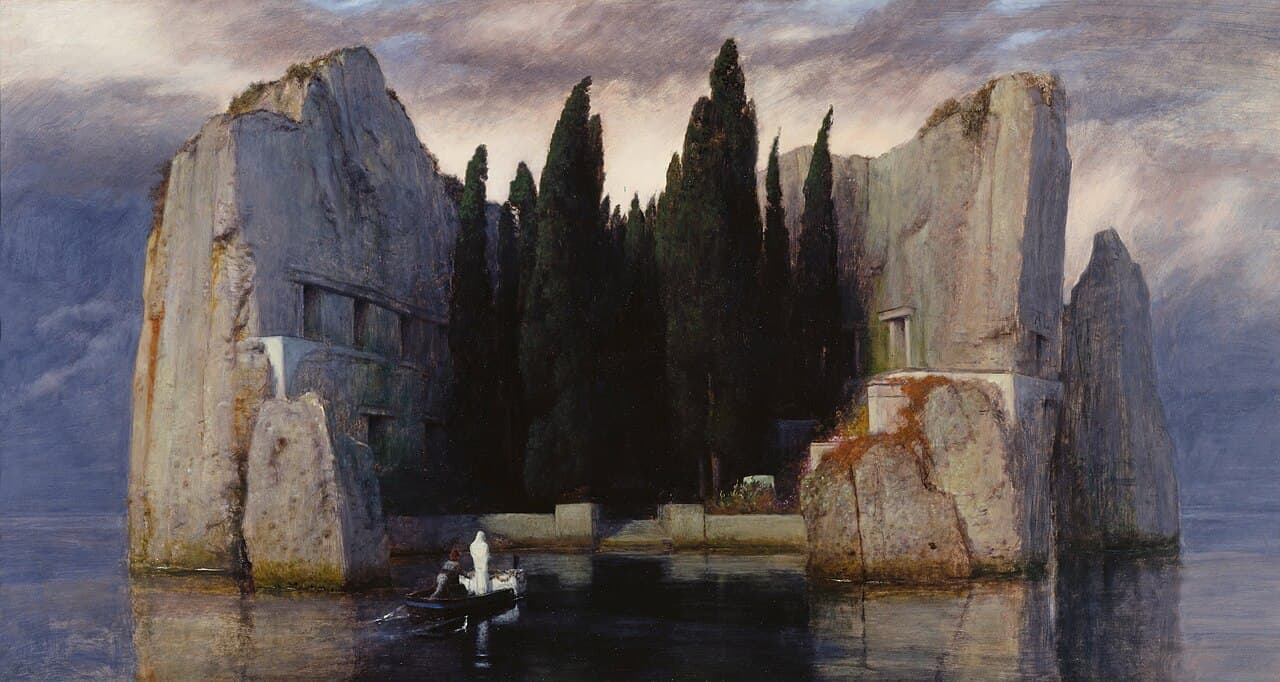 Arnold Böcklin's painting Isle of the Dead: a boat bearing a shrouded figure toward a rocky island of cypresses.