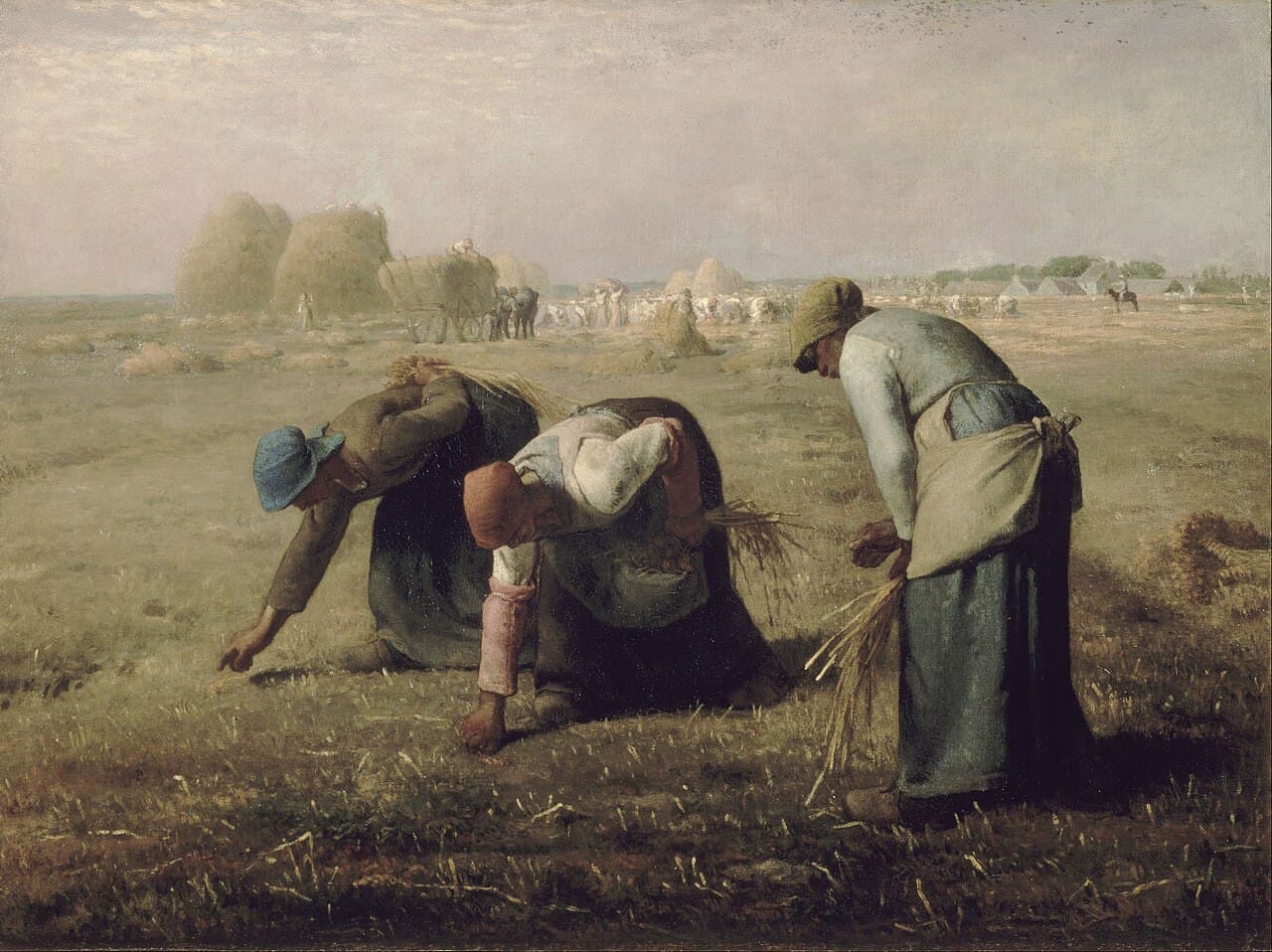 Jean-François Millet's painting The Gleaners: three women stooping to gather leftover grain in a harvested field.