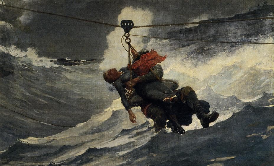 Winslow Homer's painting The Life Line: a rescuer carrying a woman across the surf on a breeches buoy.
