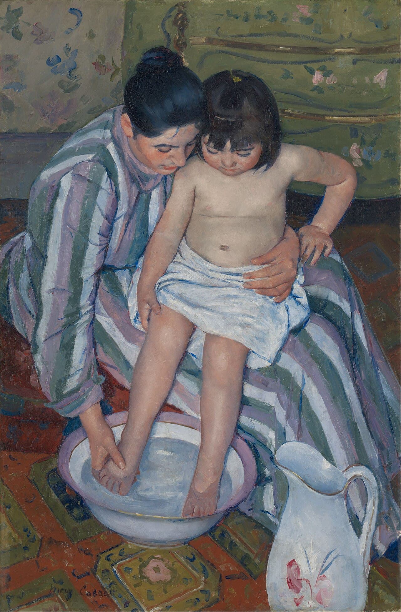 Mary Cassatt's painting The Child's Bath: a woman bathing a small child cradled on her lap.
