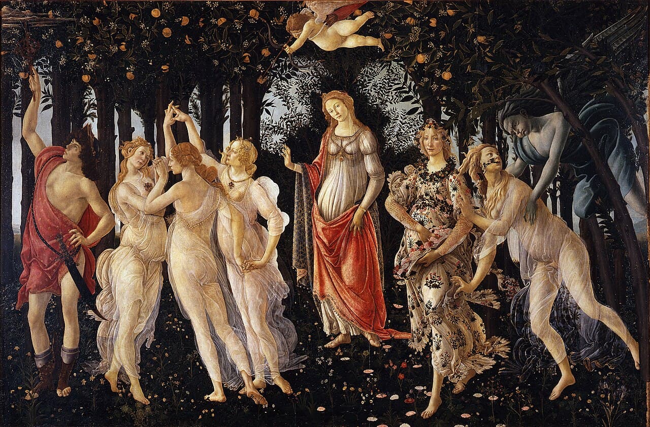 Sandro Botticelli's painting Primavera: figures of Venus, the Three Graces, Flora, and Spring in a flowering grove.