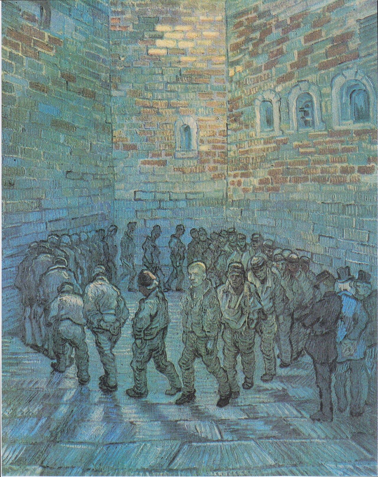 Van Gogh's painting Prisoners' Round: prisoners walking in a circle within high prison walls.