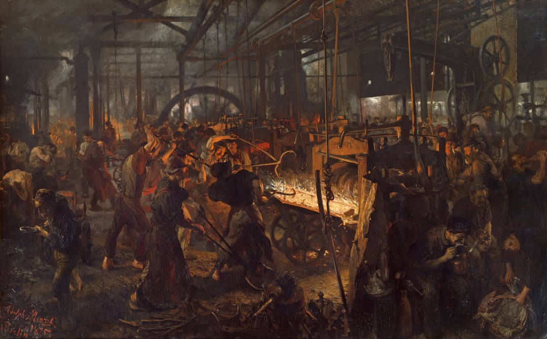 Bare-armed workers strain around the white-hot machinery of an iron rolling mill.