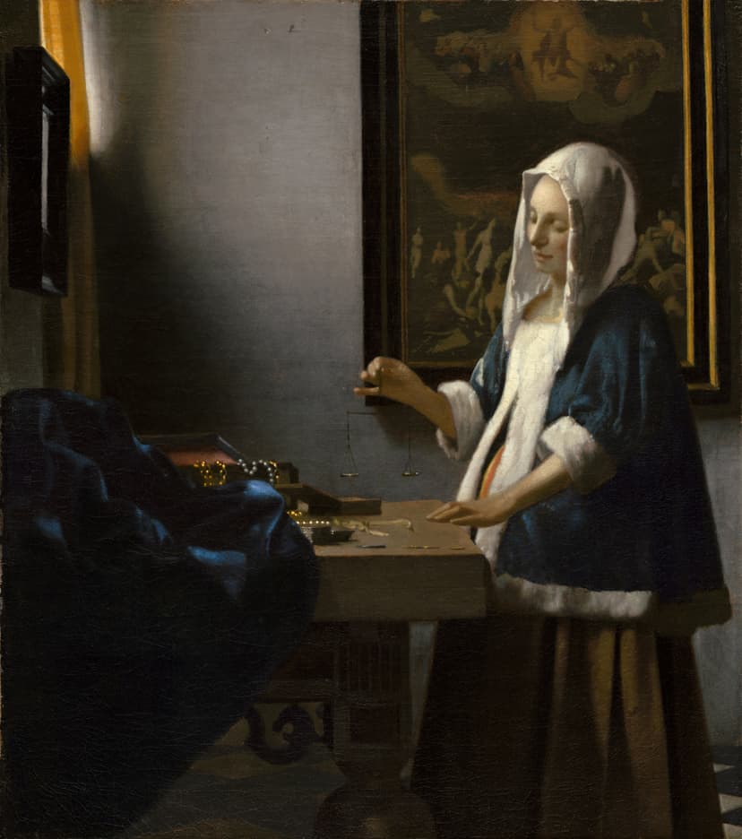 A woman in a fur-trimmed jacket stands at a table holding an empty balance, a dim Last Judgment on the wall behind her.