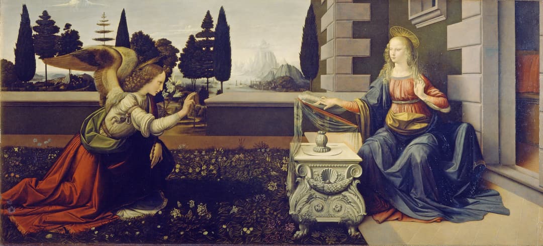 A kneeling winged angel greets a seated woman at a lectern beside a walled garden.