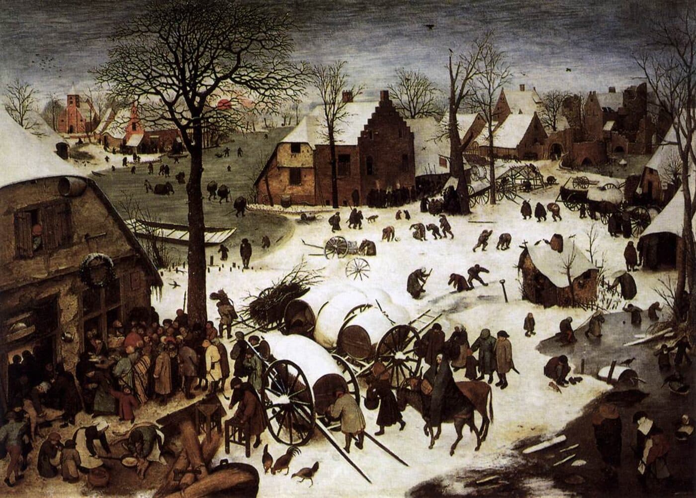 Villagers queue at a table outside an inn to be entered in a register, in a snow-covered Flemish village.