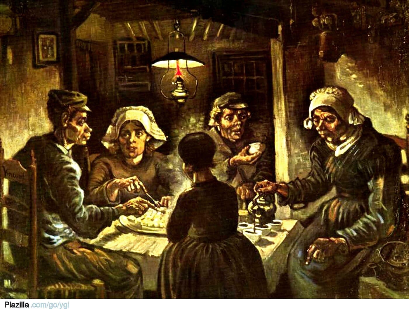 A peasant family of five sit around a dish of potatoes by lamplight in a dark cottage.