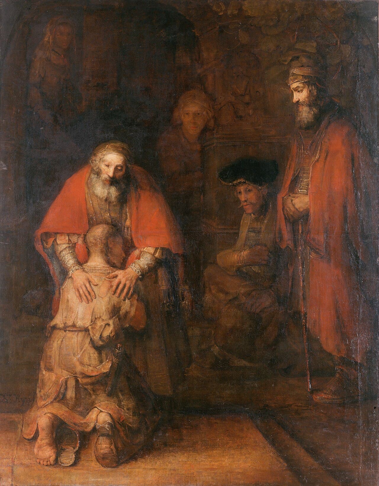 Rembrandt's painting The Return of the Prodigal Son: a kneeling son received into the embrace of his father.