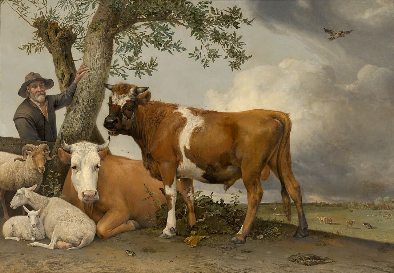 Paulus Potter's painting The Bull: a large young bull standing in a meadow beside a herdsman.