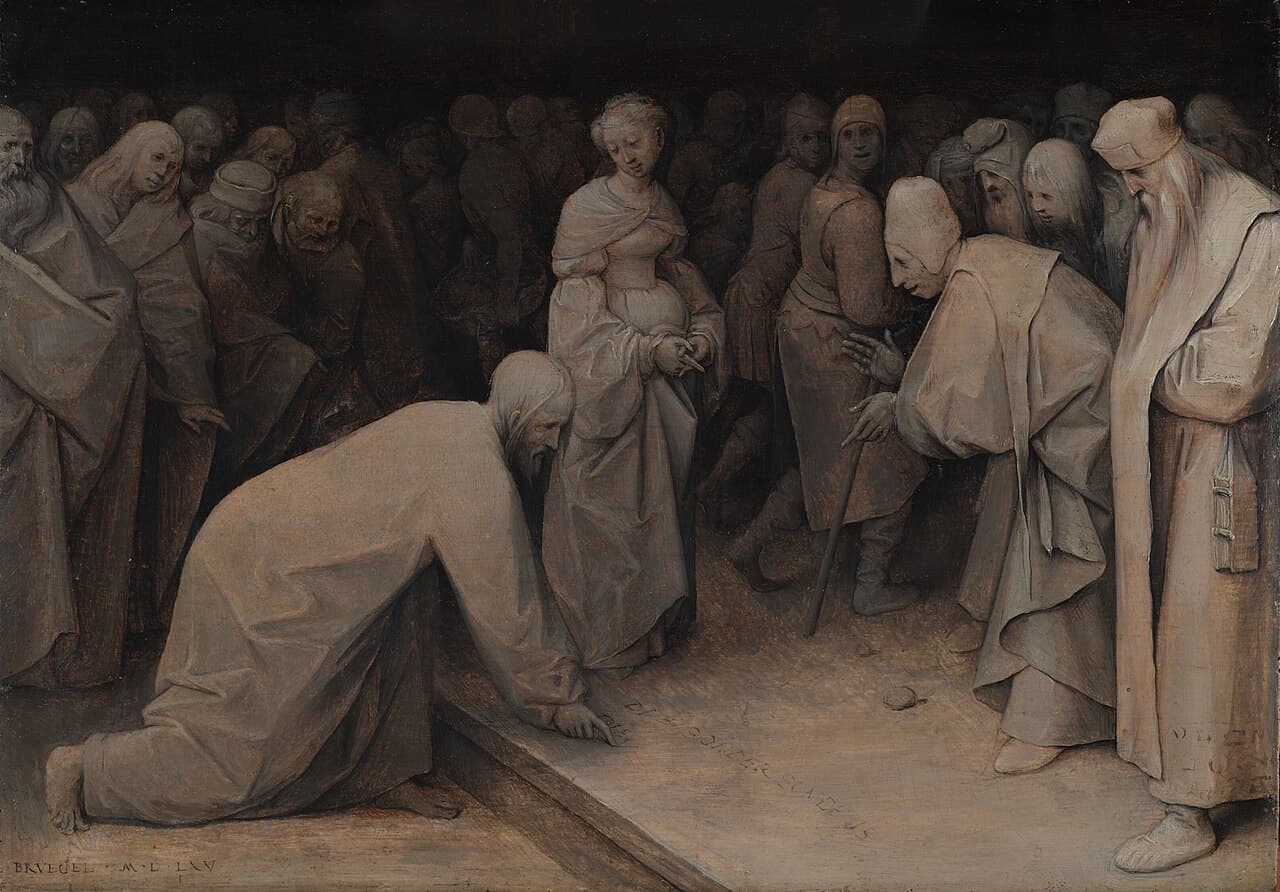 Pieter Bruegel the Elder's grisaille painting Christ and the Woman Taken in Adultery: a crowd around an accused woman as a figure writes on the ground.